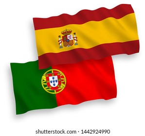 National vector fabric wave flags of Portugal and Spain isolated on white background. 1 to 2 proportion.