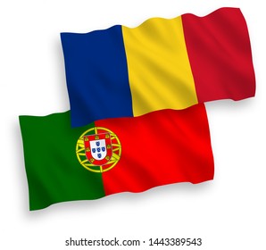 National vector fabric wave flags of Romania and Portugal isolated on white background. 1 to 2 proportion.