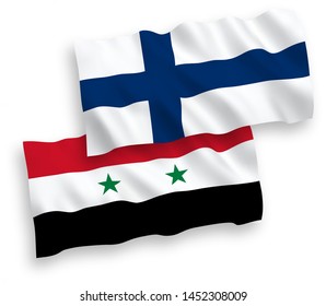 National vector fabric wave flags of Finland and Syria isolated on white background. 1 to 2 proportion.
