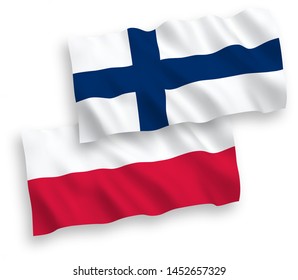 National vector fabric wave flags of Finland and Poland isolated on white background. 1 to 2 proportion.
