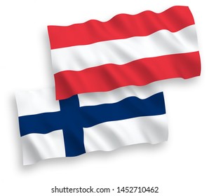 National vector fabric wave flags of Austria and Finland isolated on white background. 1 to 2 proportion.