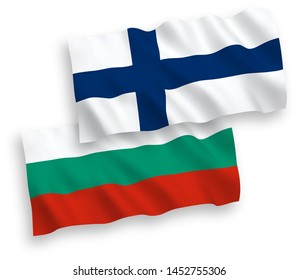 National vector fabric wave flags of Bulgaria and Finland isolated on white background. 1 to 2 proportion.