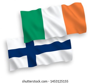 National vector fabric wave flags of Ireland and Finland isolated on white background. 1 to 2 proportion.