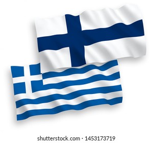 National vector fabric wave flags of Greece and Finland isolated on white background. 1 to 2 proportion.