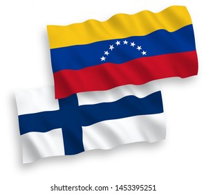 National vector fabric wave flags of Venezuela and Finland isolated on white background. 1 to 2 proportion.
