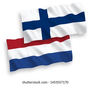 National vector fabric wave flags of Finland and Netherlands isolated on white background. 1 to 2 proportion.