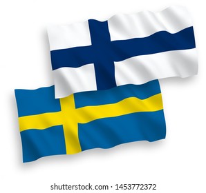 National vector fabric wave flags of Sweden and Finland isolated on white background. 1 to 2 proportion.