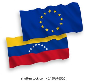 National vector fabric wave flags of European Union and Venezuela isolated on white background. 1 to 2 proportion.