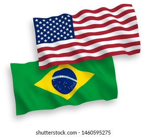 National vector fabric wave flags of Brazil and USA isolated on white background. 1 to 2 proportion.