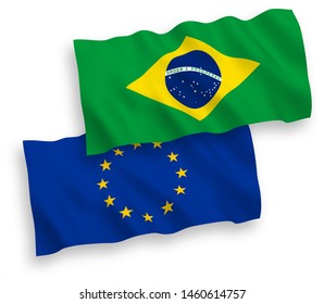 National vector fabric wave flags of European Union and Brazil isolated on white background. 1 to 2 proportion.