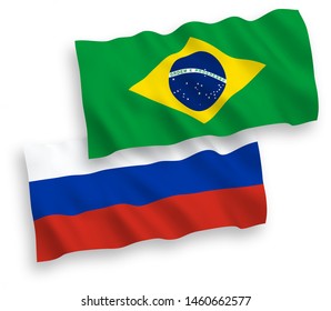 National vector fabric wave flags of Brazil and Russia isolated on white background. 1 to 2 proportion.