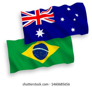 National vector fabric wave flags of Australia and Brazil isolated on white background. 1 to 2 proportion.