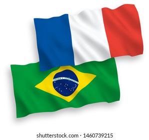 National vector fabric wave flags of France and Brazil isolated on white background. 1 to 2 proportion.