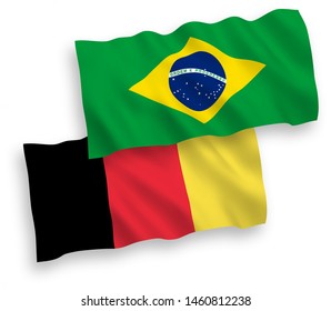 National vector fabric wave flags of Brazil and Belgium isolated on white background. 1 to 2 proportion.
