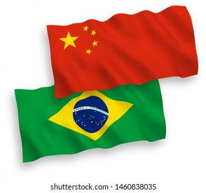 National vector fabric wave flags of Brazil and China isolated on white background 1 to 2 proportion.
