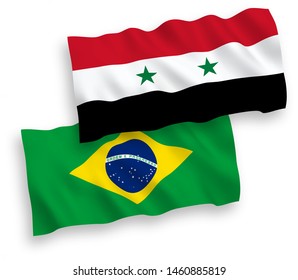 National vector fabric wave flags of Brazil and Syria isolated on white background. 1 to 2 proportion.