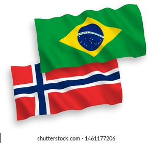 National vector fabric wave flags of Norway and Brazil isolated on white background. 1 to 2 proportion.