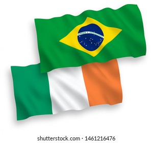 National vector fabric wave flags of Ireland and Brazil isolated on white background. 1 to 2 proportion.