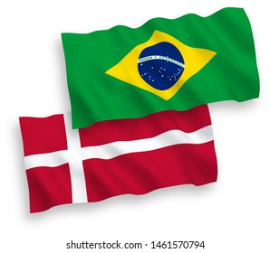 National vector fabric wave flags of Denmark and Brazil isolated on white background. 1 to 2 proportion.