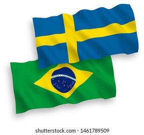 National vector fabric wave flags of Sweden and Brazil isolated on white background. 1 to 2 proportion.