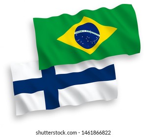 National vector fabric wave flags of Finland and Brazil isolated on white background. 1 to 2 proportion.