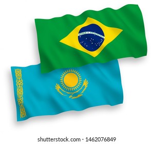 National vector fabric wave flags of Kazakhstan and Brazil isolated on white background. 1 to 2 proportion.