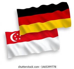National vector fabric wave flags of Germany and Singapore isolated on white background. 1 to 2 proportion.