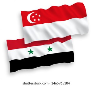 National vector fabric wave flags of Singapore and Syria isolated on white background. 1 to 2 proportion.