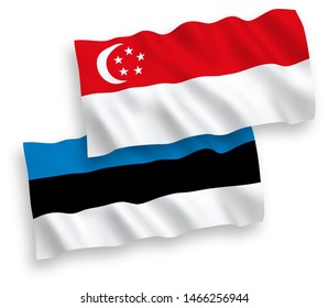 National vector fabric wave flags of Estonia and Singapore isolated on white background. 1 to 2 proportion.