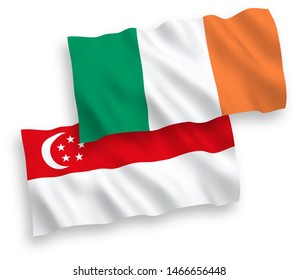 National vector fabric wave flags of Ireland and Singapore isolated on white background. 1 to 2 proportion.