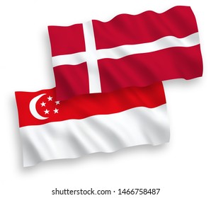 National vector fabric wave flags of Denmark and Singapore isolated on white background. 1 to 2 proportion.
