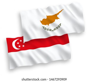 National vector fabric wave flags of Cyprus and Singapore isolated on white background. 1 to 2 proportion.