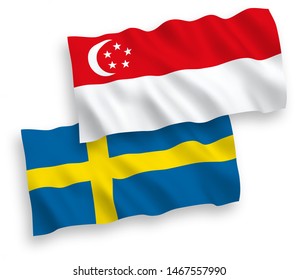 National vector fabric wave flags of Sweden and Singapore isolated on white background. 1 to 2 proportion.