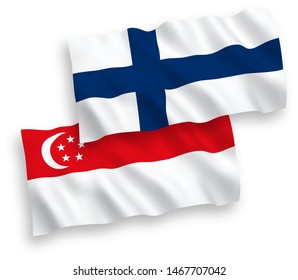 National vector fabric wave flags of Finland and Singapore isolated on white background. 1 to 2 proportion.
