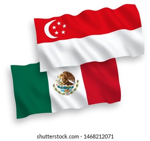 National vector fabric wave flags of Mexico and Singapore isolated on white background. 1 to 2 proportion.