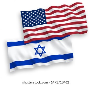 National vector fabric wave flags of Israel and USA isolated on white background. 1 to 2 proportion.