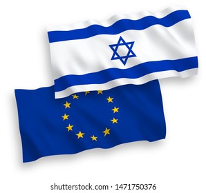 National vector fabric wave flags of European Union and Israel isolated on white background. 1 to 2 proportion.