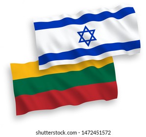 National vector fabric wave flags of Lithuania and Israel isolated on white background. 1 to 2 proportion.