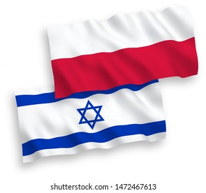 National vector fabric wave flags of Israel and Poland isolated on white background. 1 to 2 proportion.