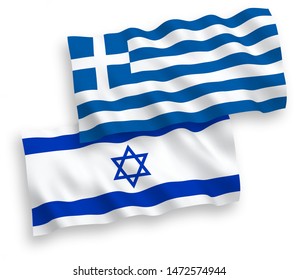 National vector fabric wave flags of Greece and Israel isolated on white background. 1 to 2 proportion.