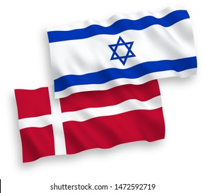 National vector fabric wave flags of Denmark and Israel isolated on white background. 1 to 2 proportion.