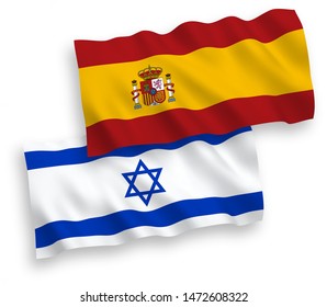 National vector fabric wave flags of Israel and Spain isolated on white background. 1 to 2 proportion.