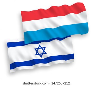 National vector fabric wave flags of Israel and Luxembourg isolated on white background. 1 to 2 proportion.