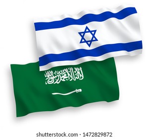 National vector fabric wave flags of Saudi Arabia and Israel isolated on white background. 1 to 2 proportion.