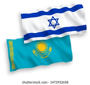 National vector fabric wave flags of Kazakhstan and Israel isolated on white background. 1 to 2 proportion.