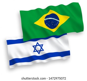 National vector fabric wave flags of Brazil and Israel isolated on white background. 1 to 2 proportion.