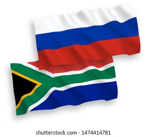 National vector fabric wave flags of Republic of South Africa and Russia isolated on white background. 1 to 2 proportion.