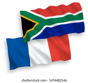 National vector fabric wave flags of France and Republic of South Africa isolated on white background. 1 to 2 proportion.