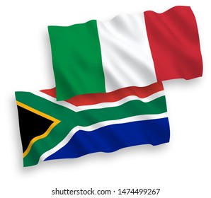 National vector fabric wave flags of Italy and Republic of South Africa isolated on white background. 1 to 2 proportion.