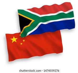 National vector fabric wave flags of Republic of South Africa and China isolated on white background 1 to 2 proportion.